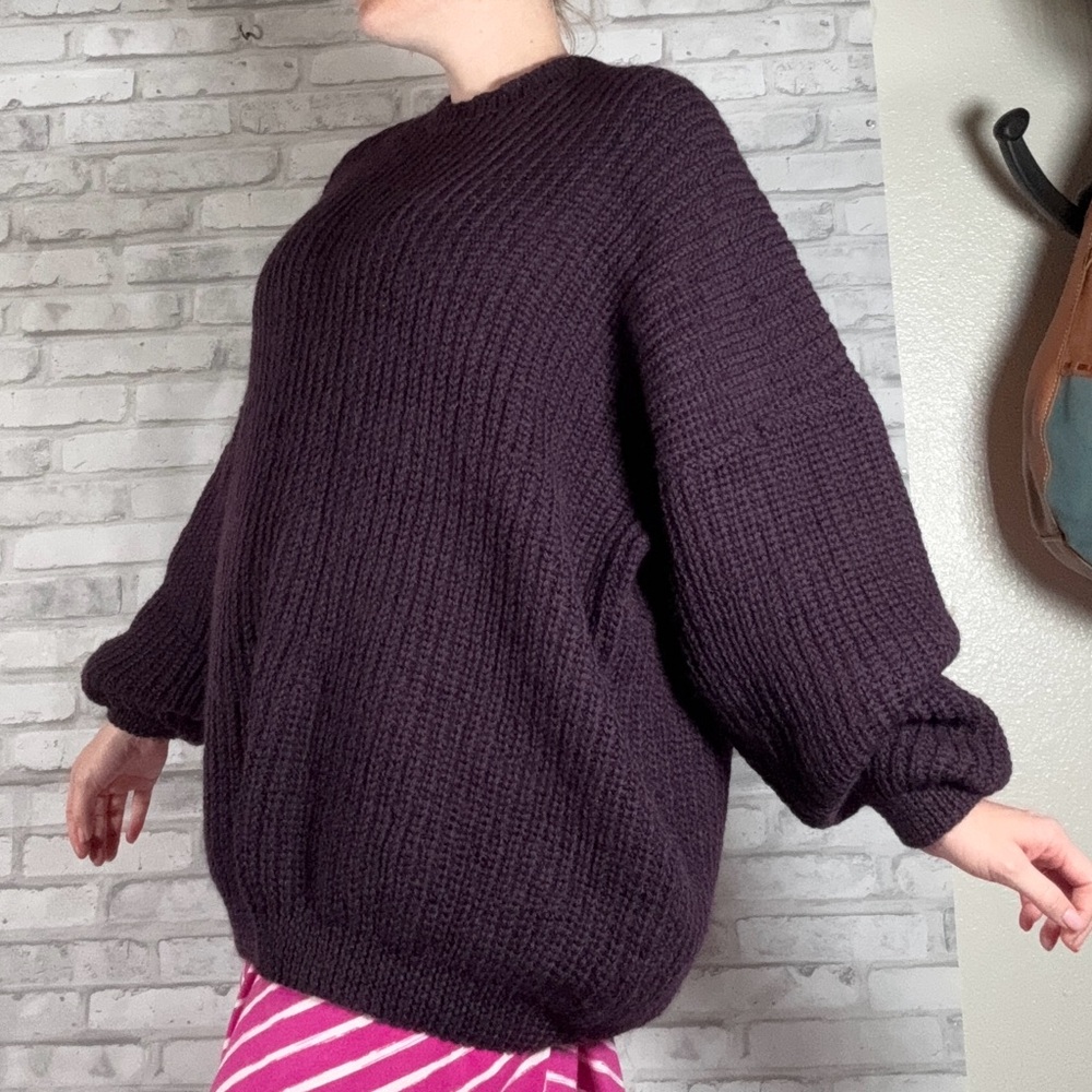 Handmade by Grandma Crochet Crewneck Wool Blend Oversized Sweater in Deep Plum